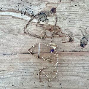 Unique Large Wire Goldtone and Amethyst Pendant Necklace